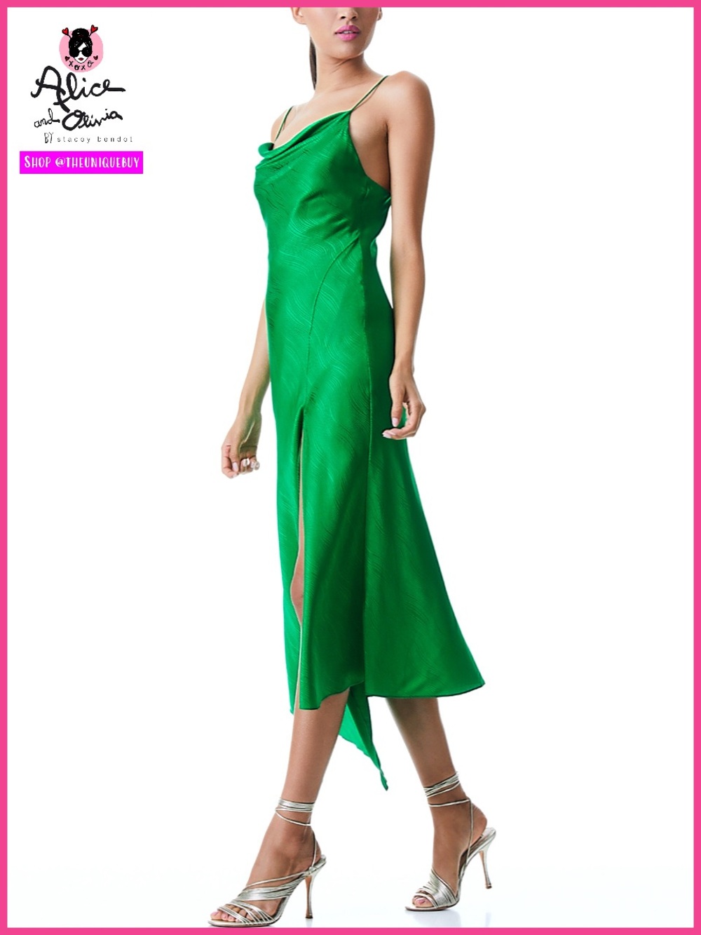 Alice + Olivia Harmony Emerald Green Drapey Satin Slip Midi Dress